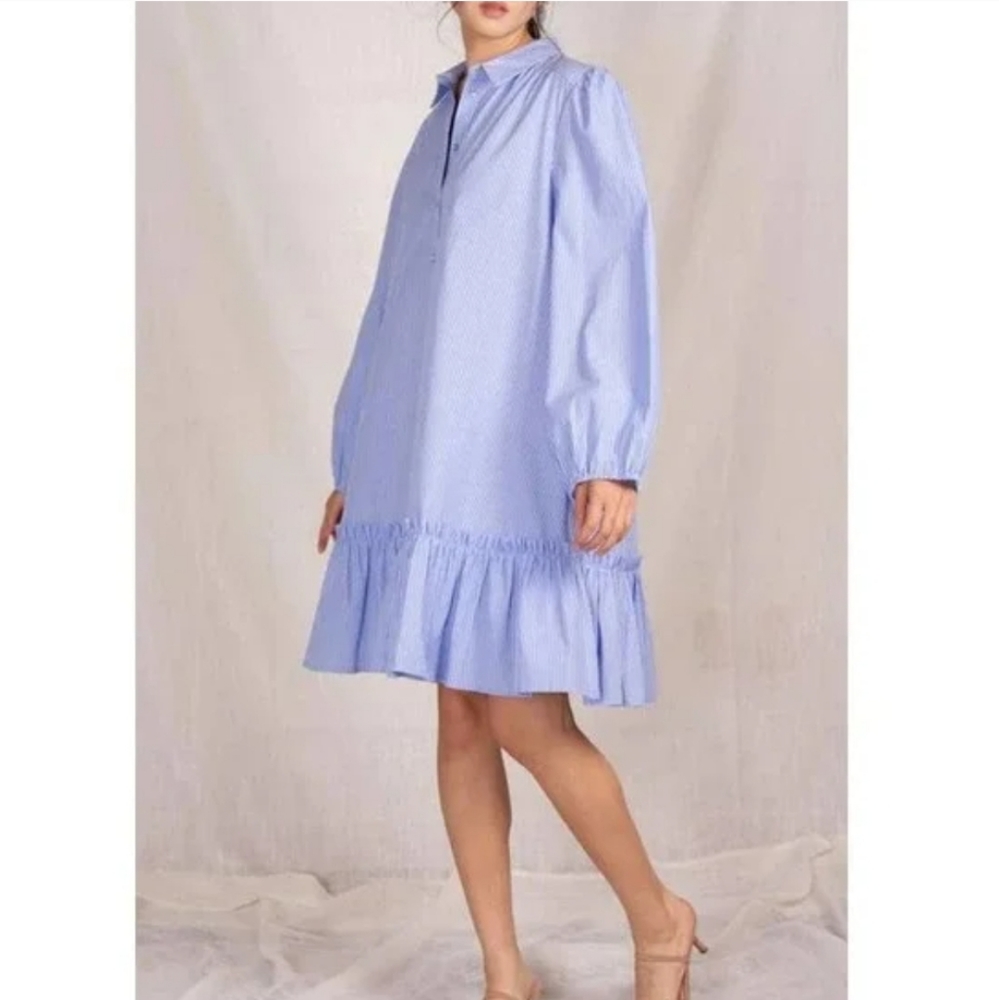 ANTHROPOLOGIE Blue Striped Shirtdress Size M Ruffle Hem Button Up Balloon Sleeve - Picture 3 of 11